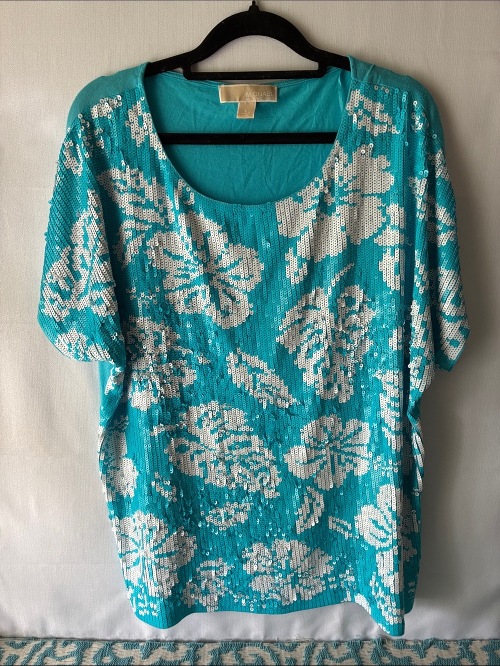 MICHAEL Michael Kors Turquoise Sequin Floral Scoop Neck Tunic Sz L